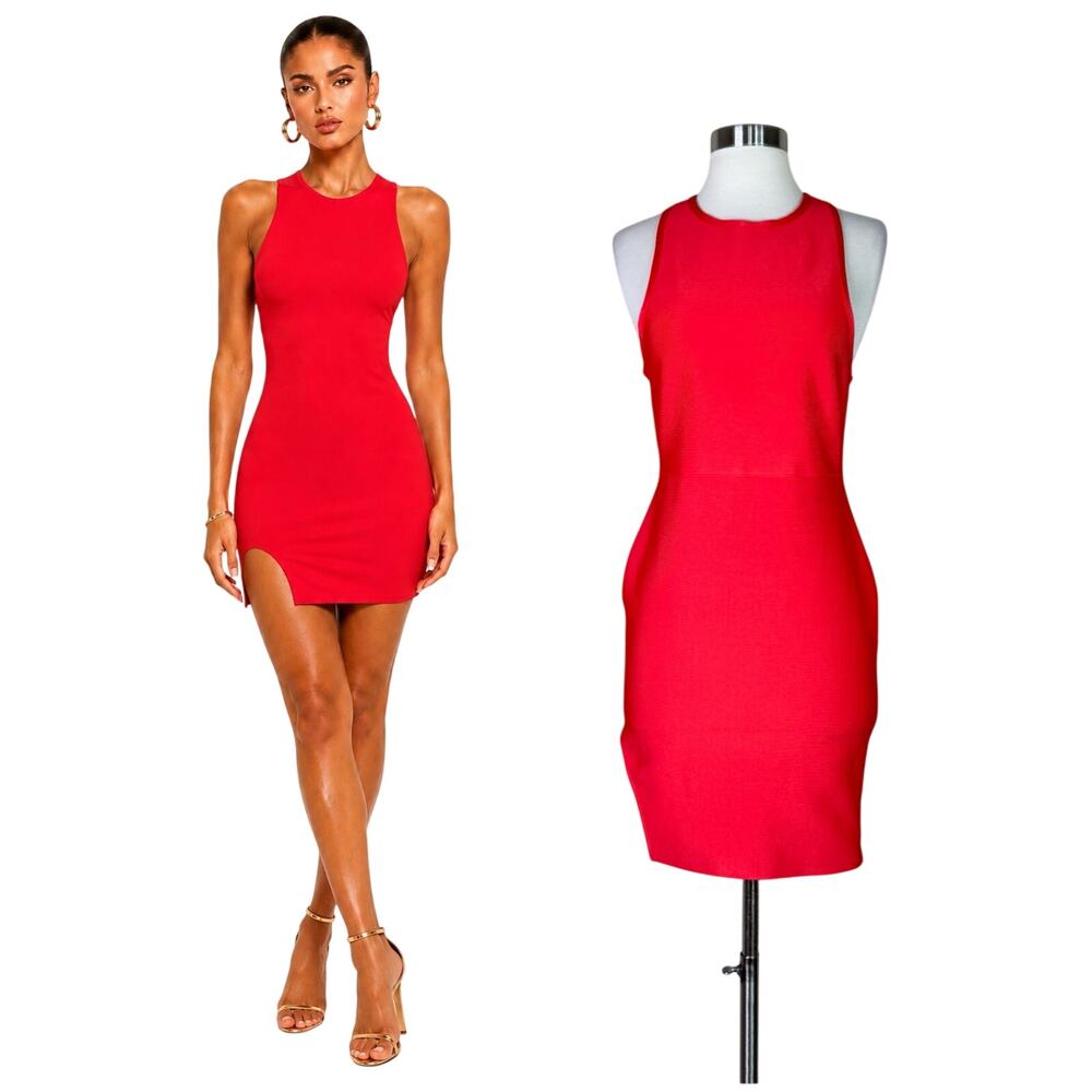 NBD x Naven | Scarlet Red Cutout Side Slit Bodycon High Neck Mini Dress Medium M